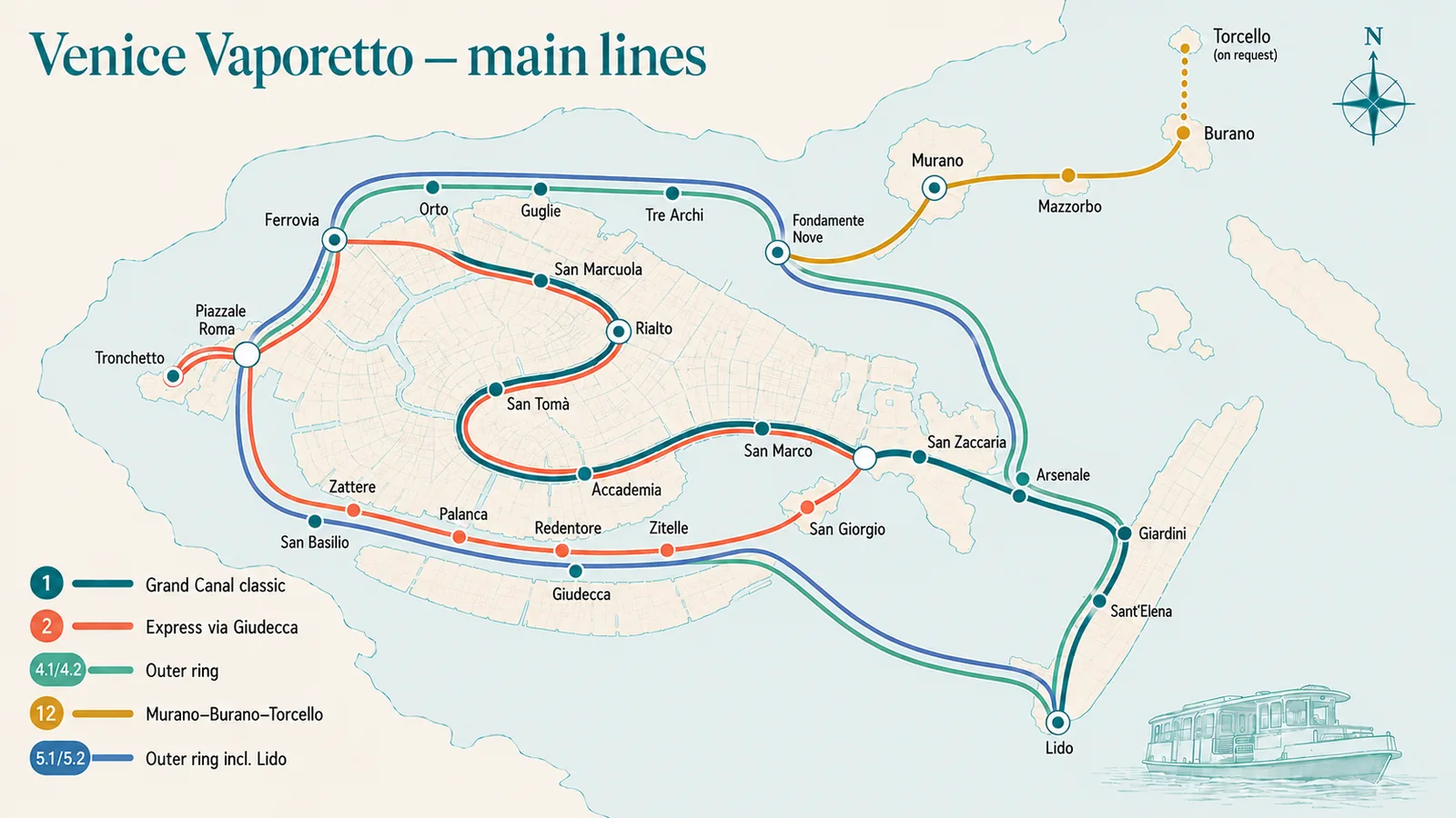 Schematic map of Venice showing the main Vaporetto lines 1, 2, 4.1/4.2, 5.1/5.2 and 12 with key stations and lagoon islands